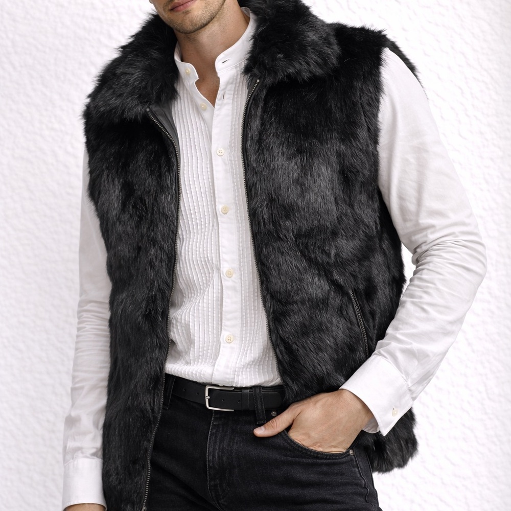 Men's Black real rabbit Fur Vest